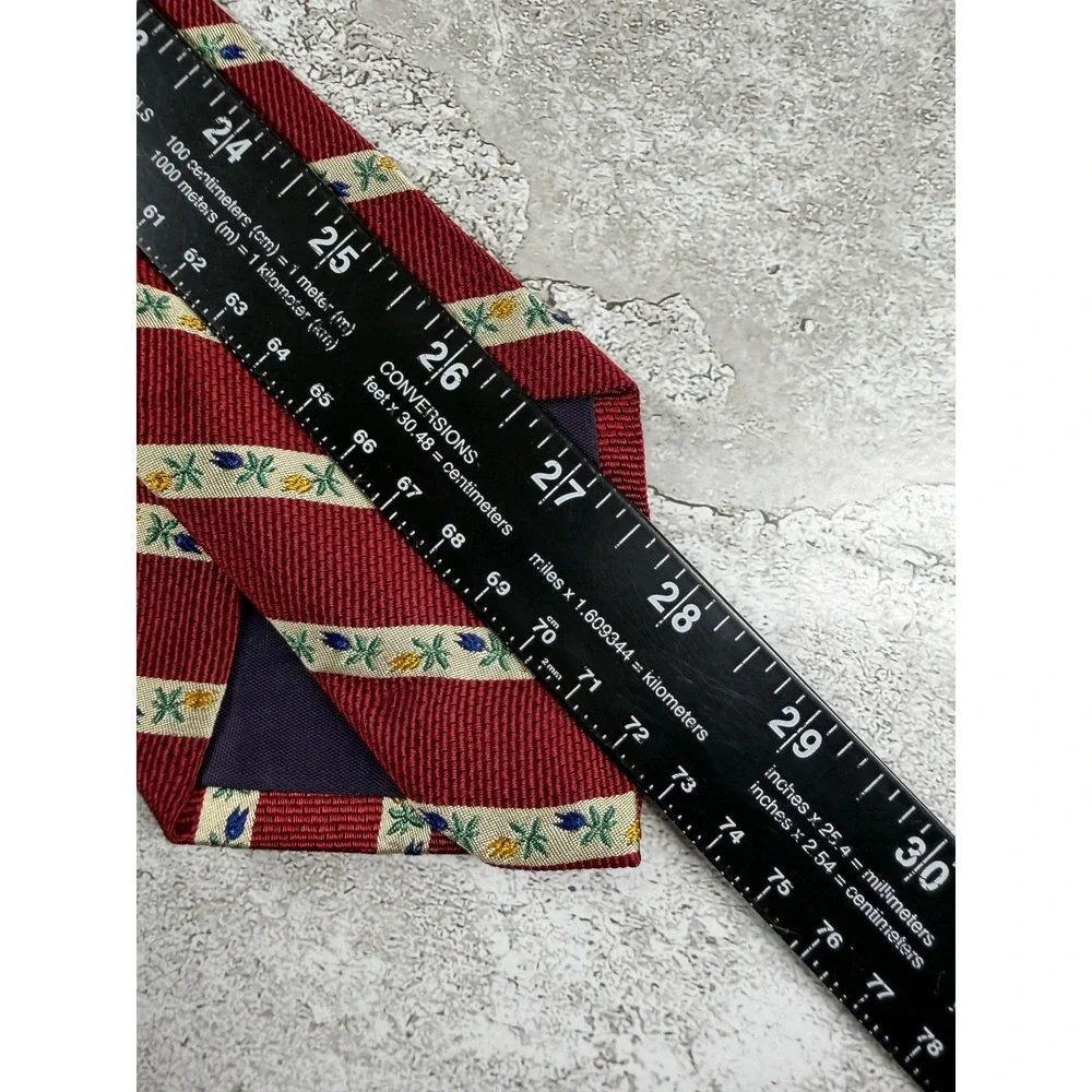 Lands' End Tie Mens OS Red 100% Silk Pointed Striped Woven Embroidered VTG